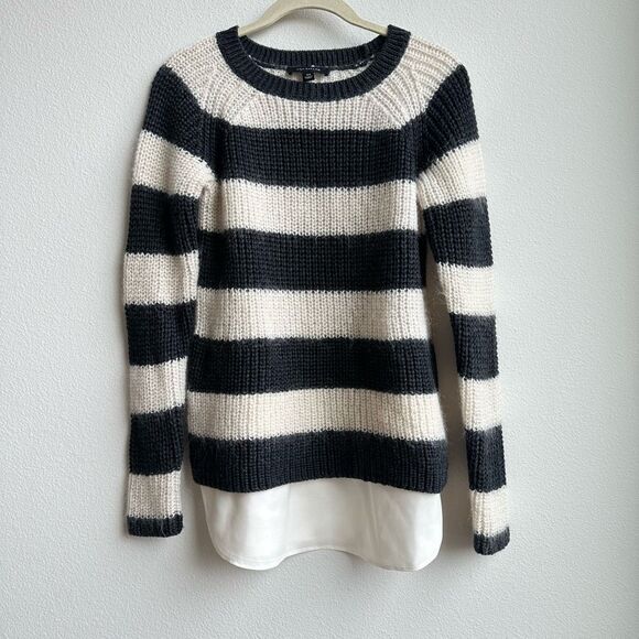 Ann Taylor Large Stripe Split Hem Layer Wool Blend Cream Sweater Oversize XS - Picture 1 of 6